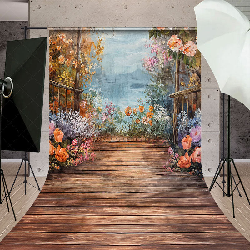 Lofaris Oil Painted Wooden Floor Colorful Floral Backdrop