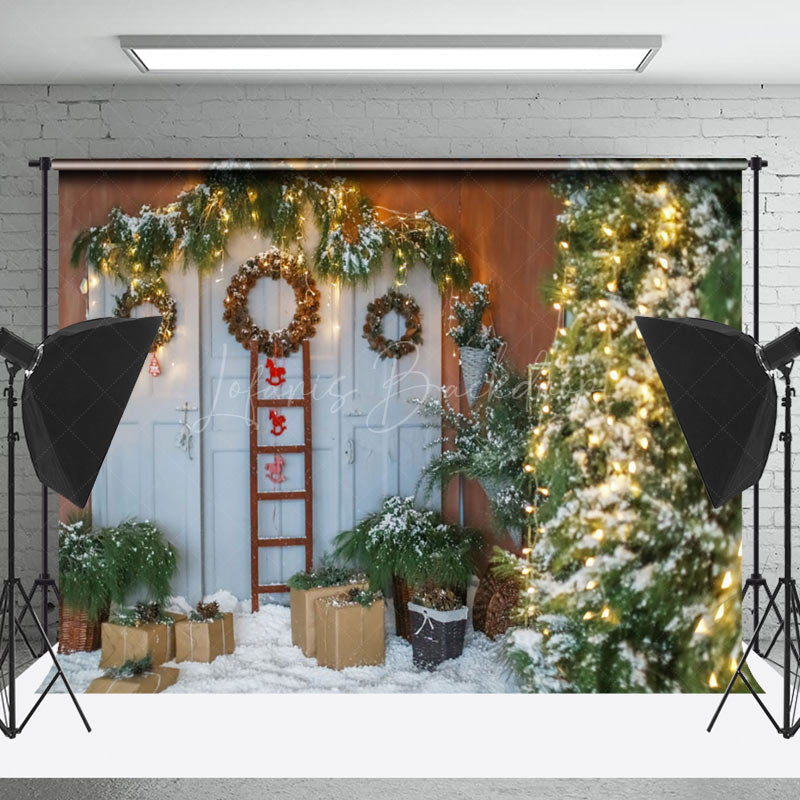 Lofaris Old White Door With Wreath Plants Winter Backdrop