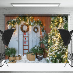 Lofaris Old White Door With Wreath Plants Winter Backdrop