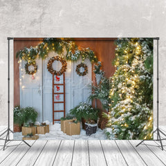 Lofaris Old White Door With Wreath Plants Winter Backdrop