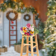 Lofaris Old White Door With Wreath Plants Winter Backdrop