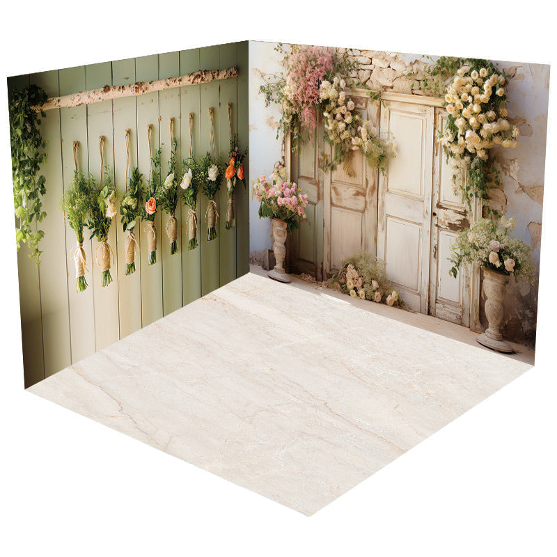 Lofaris Old Wooden Door Flower Wall Spring Room Set Photo Booth