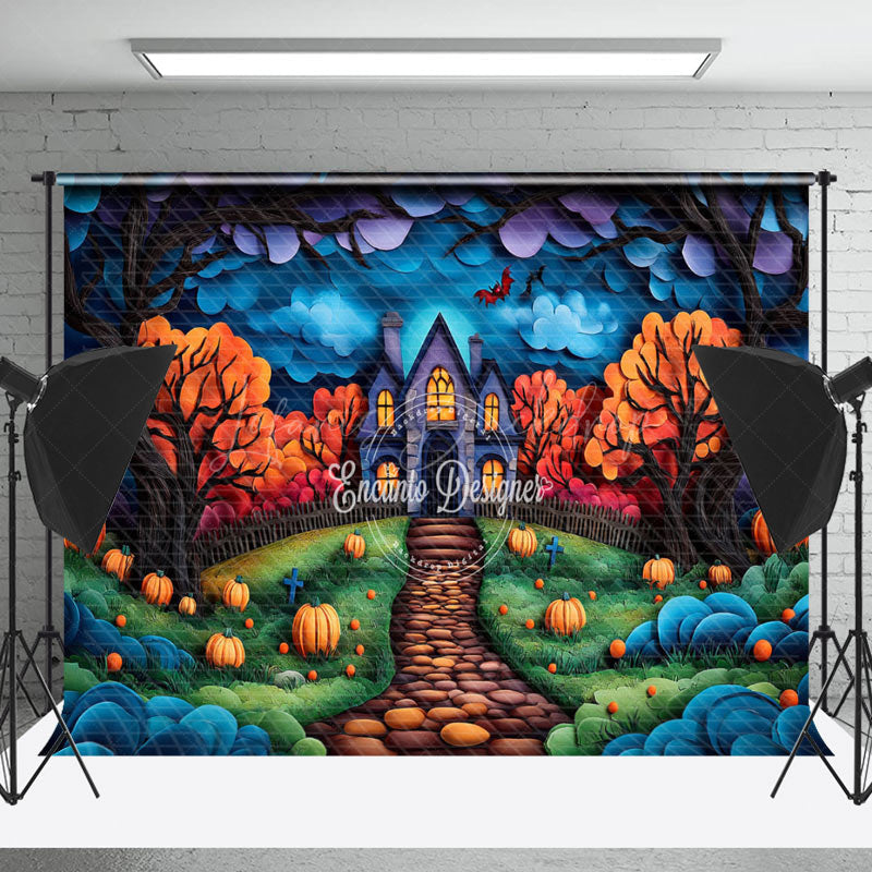 Lofaris Painted Castle Trees Pumpkins Halloween Backdrop