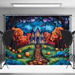 Lofaris Painted Castle Trees Pumpkins Halloween Backdrop