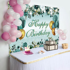 Lofaris Pine Green Glitter Gold Happy Birthday Backdrop