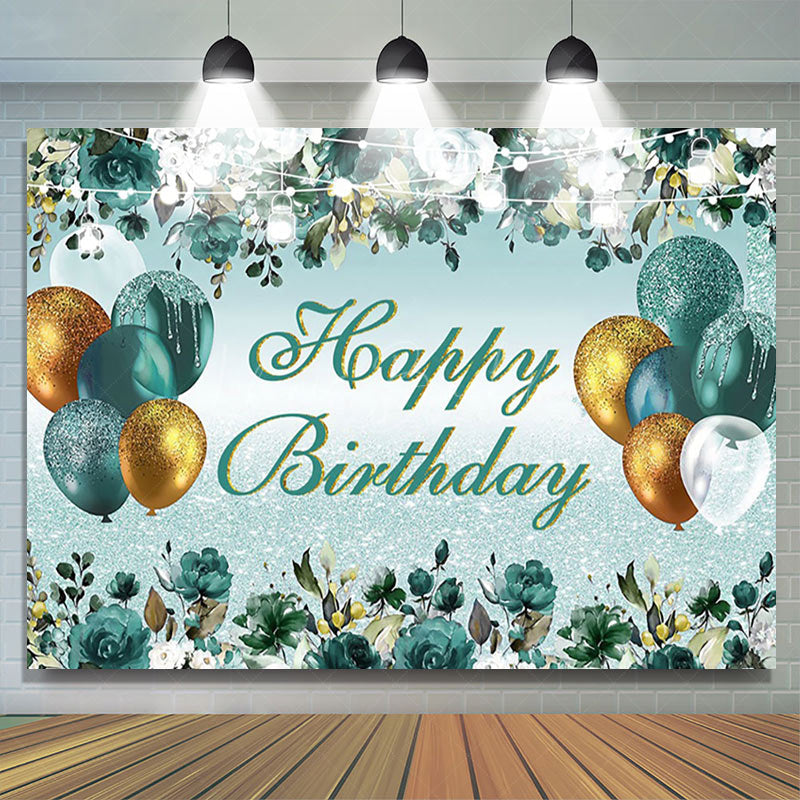 Lofaris Pine Green Glitter Gold Happy Birthday Backdrop