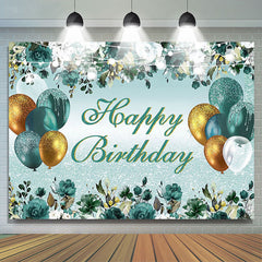 Lofaris Pine Green Glitter Gold Happy Birthday Backdrop