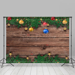 Lofaris Pine Leaf Bells Brown Wood Grain Christmas Backdrop