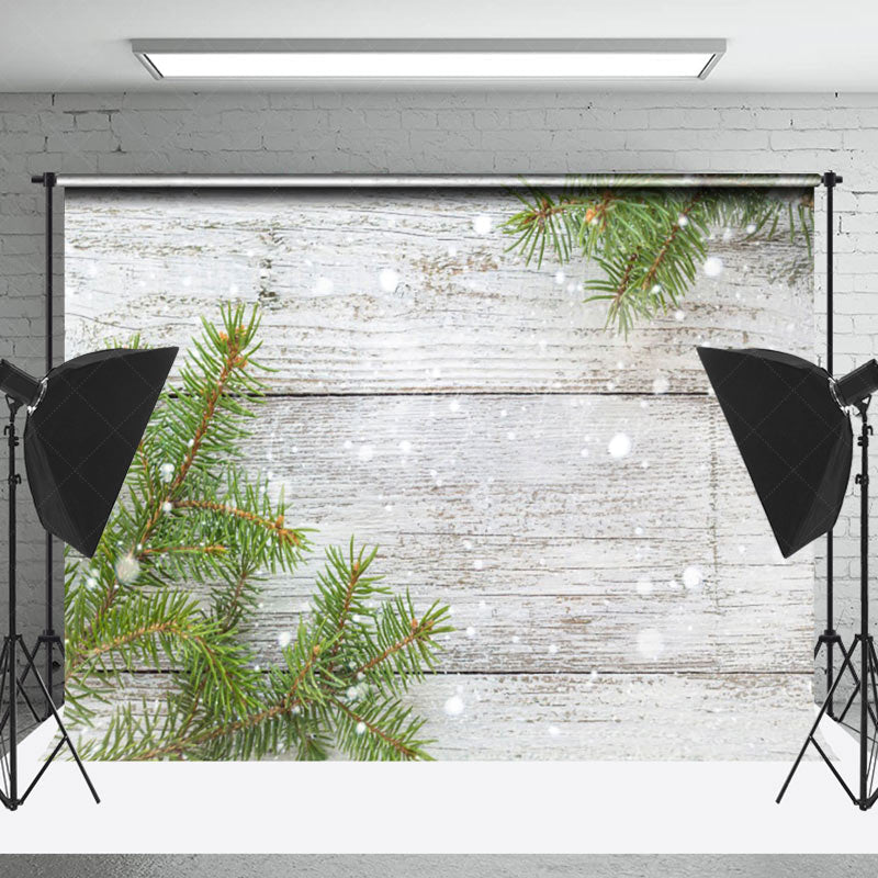 Lofaris Pine Leaf Snowy Beige Wood Grain Christmas Backdrop