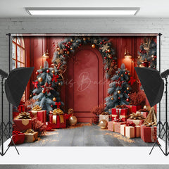 Lofaris Pine Leaves Arch Retro Red Room Christmas Backdrop