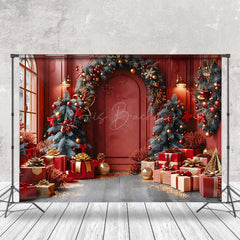 Lofaris Pine Leaves Arch Retro Red Room Christmas Backdrop