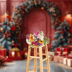 Lofaris Pine Leaves Arch Retro Red Room Christmas Backdrop