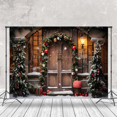 Lofaris Pine Leaves Bells Retro Wood Door Christmas Backdrop