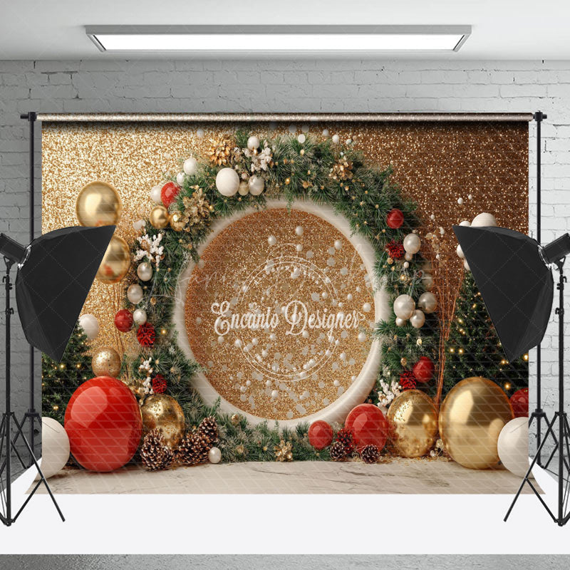 Lofaris Pine Leaves Circle Gold Glitter Christmas Backdrop