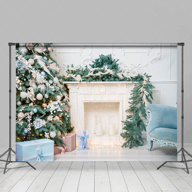 Lofaris Pine Leaves White Fireplace Sofa Christmas Backdrop