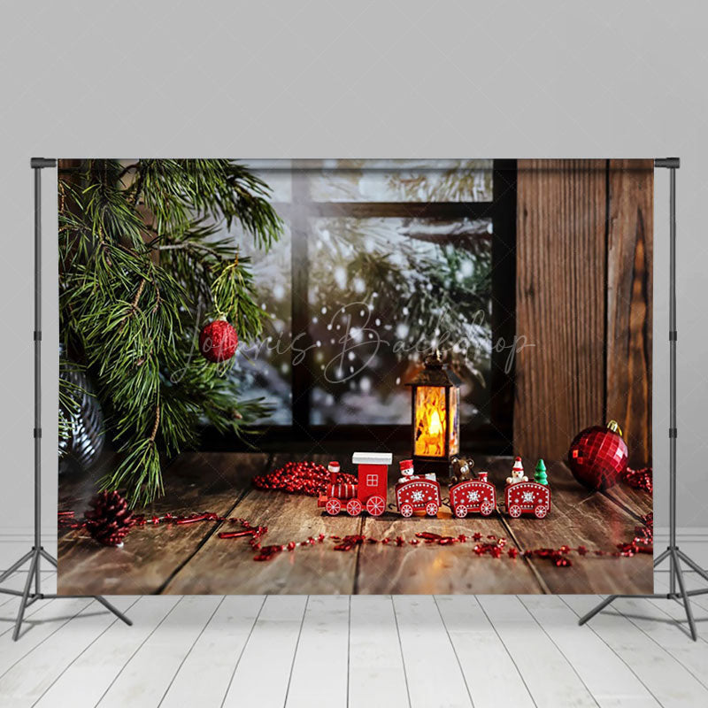 Lofaris Pine Leaves Wood Window Toy Train Christmas Backdrop