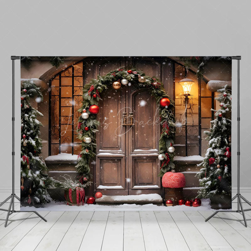 Lofaris Pine Leaves Wreath Wooden Door Christmas Backdrop