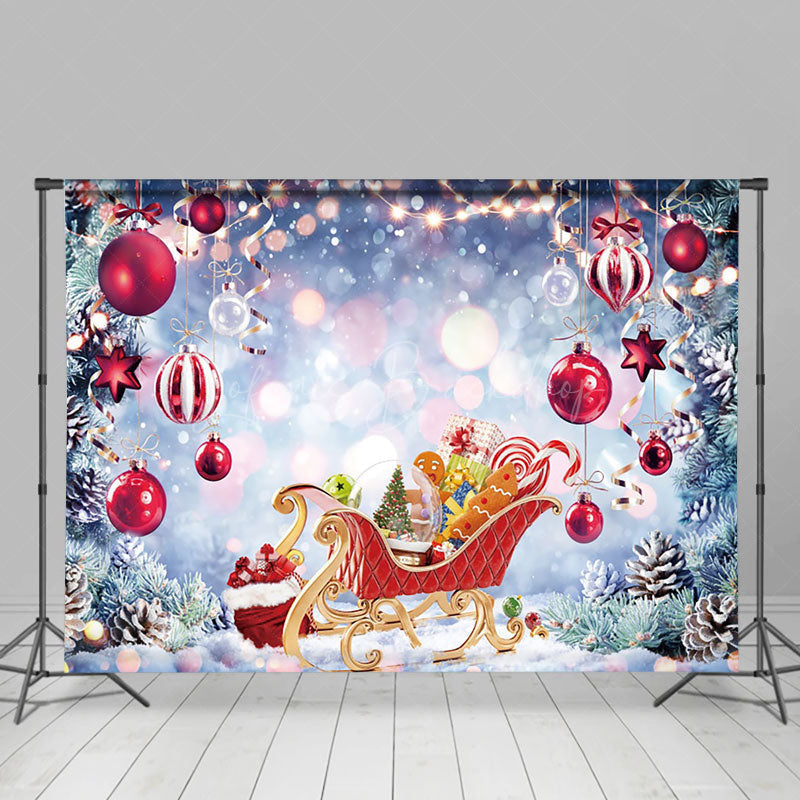 Lofaris Pine Red Ornaments Carriage Bokeh Christmas Backdrop