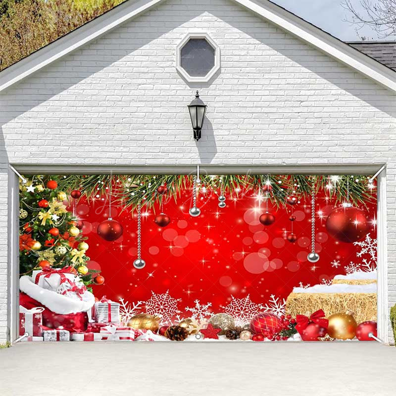 Lofaris Pine Tree Leaves Stacks Red Xmas Garage Door Banner