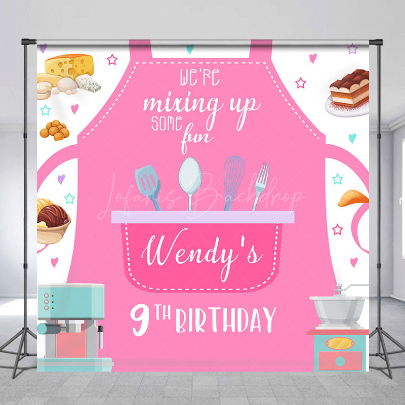 Lofaris Pink Apron Baking Custom Name 9th Birthday Backdrop