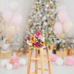 Lofaris Pink Balloon Gold White Bauble Tree Xmas Backdrop