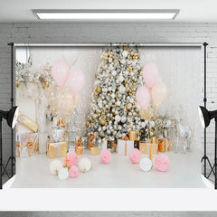 Lofaris Pink Balloon Gold White Bauble Tree Xmas Backdrop