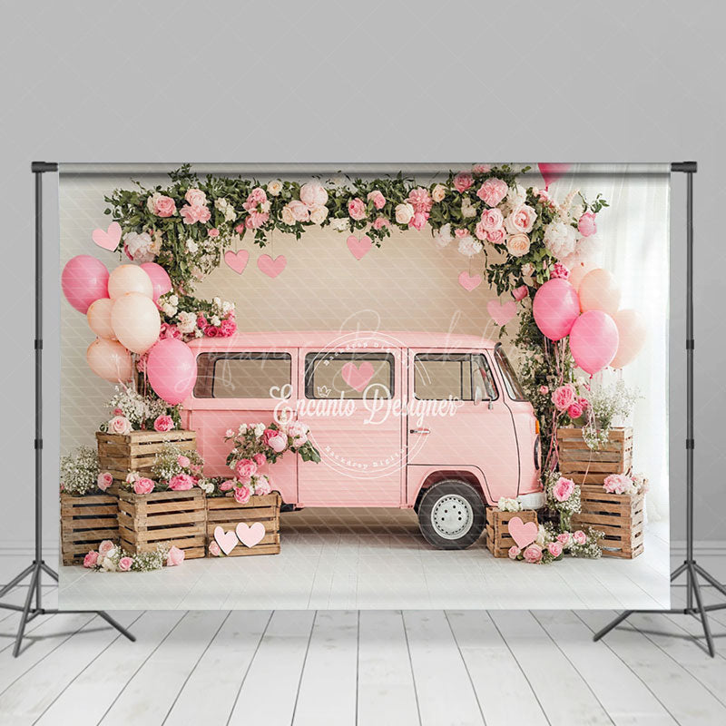 Lofaris Pink Balloons Bus Greenery Valentines Day Backdrop