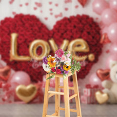 Lofaris Pink Balloons Red Rose Bear Valentines Day Backdrop