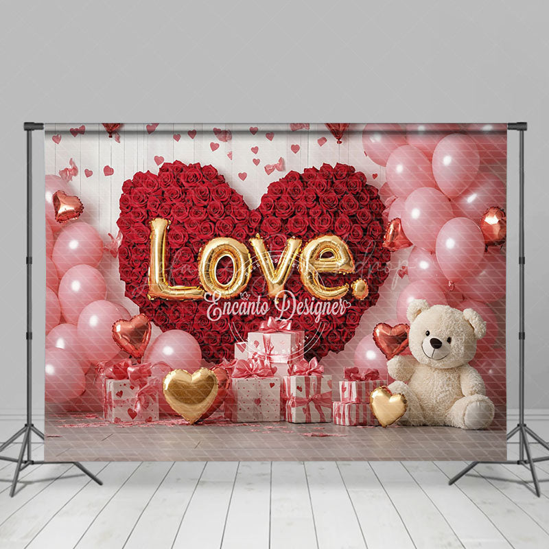 Lofaris Pink Balloons Red Rose Bear Valentines Day Backdrop