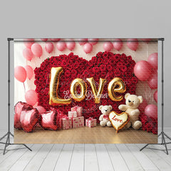 Lofaris Pink Balloons Rose Heart Bear Valentines Day Backdrop