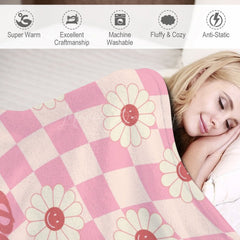 Lofaris Pink Beige Plaid Simle Daisy Custom Name Blanket