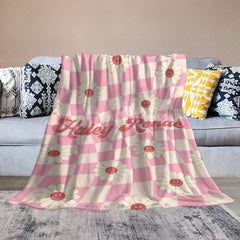 Lofaris Pink Beige Plaid Simle Daisy Custom Name Blanket