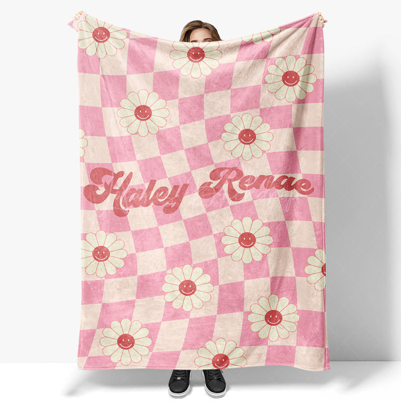 Lofaris Pink Beige Plaid Simle Daisy Custom Name Blanket