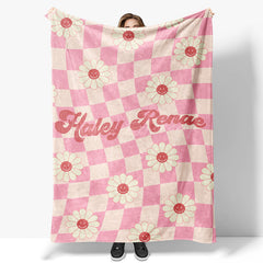 Lofaris Pink Beige Plaid Simle Daisy Custom Name Blanket