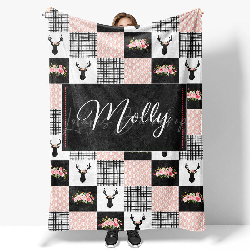 Lofaris Pink Black White Elk Floral Plaid Custom Name Blanket