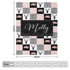 Lofaris Pink Black White Elk Floral Plaid Custom Name Blanket