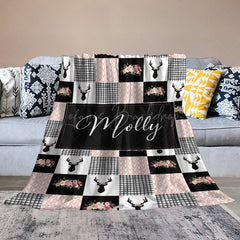 Lofaris Pink Black White Elk Floral Plaid Custom Name Blanket