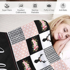 Lofaris Pink Black White Elk Floral Plaid Custom Name Blanket