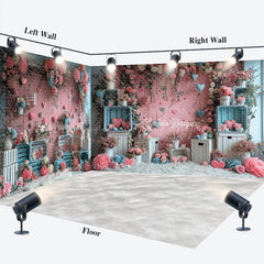 Lofaris Pink Blue Floral Valentines Vibe Room Set Backdrop