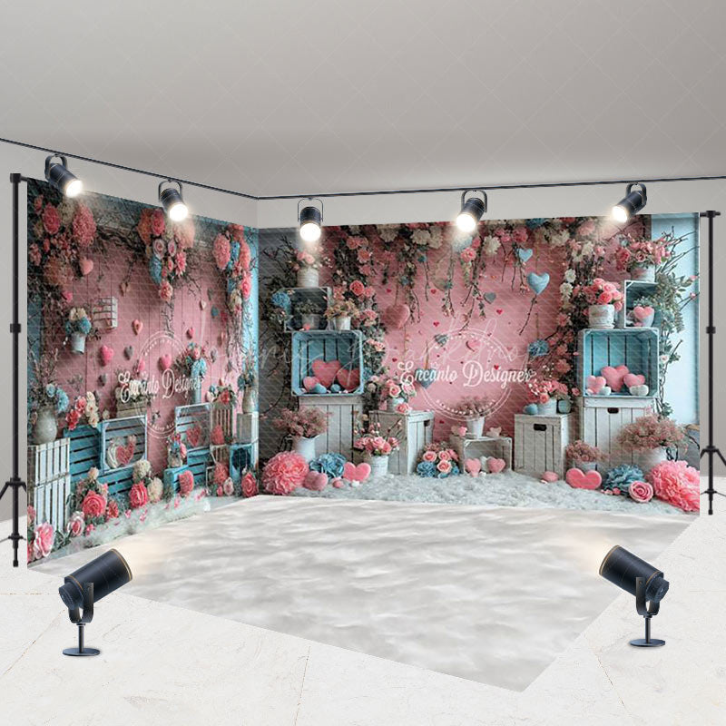 Lofaris Pink Blue Floral Valentines Vibe Room Set Backdrop