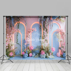 Lofaris Pink Blue Lighted Arch Floral Wedding Photo Backdrop