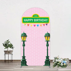 Lofaris Pink Brick Wall Old Lamp Happy Birthday Arch Backdrop