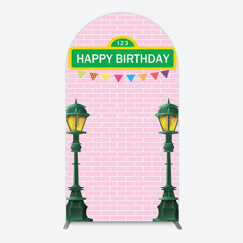 Lofaris Pink Brick Wall Old Lamp Happy Birthday Arch Backdrop