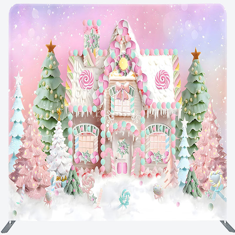 Lofaris Pink Candy House Xmas Tree Tension Fabric Backdrop