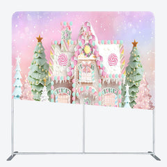 Lofaris Pink Candy House Xmas Tree Tension Fabric Backdrop