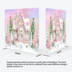 Lofaris Pink Candy House Xmas Tree Tension Fabric Backdrop