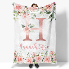 Lofaris Pink Capital Letters Rose Leaves Custom Name Blanket