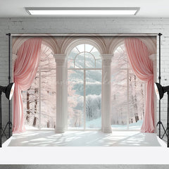 Lofaris Pink Curtain Forest White Arch Window Photo Backdrop