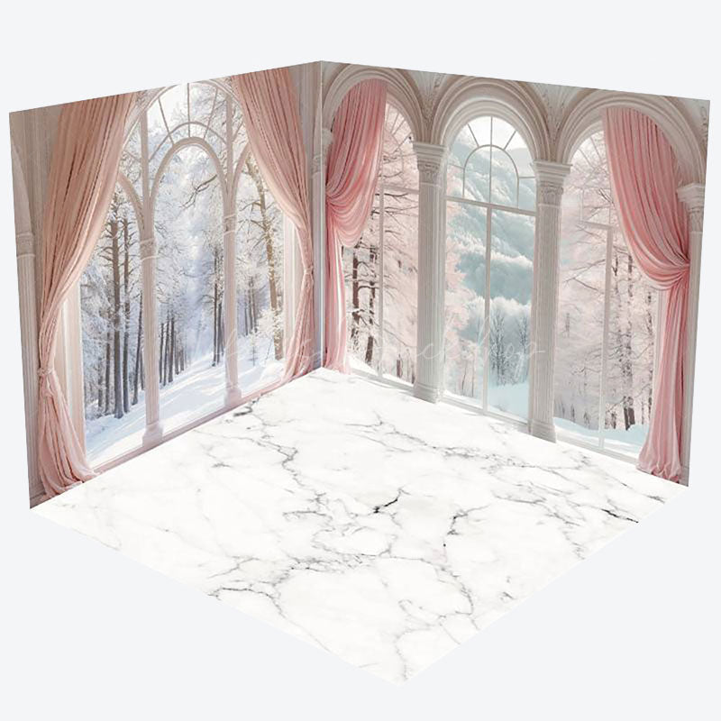 Lofaris Pink Curtain Window Marble Floor Room Set Backdrop