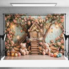 Lofaris Pink Dense Floral Tree House Bear Cake Smash Backdrop